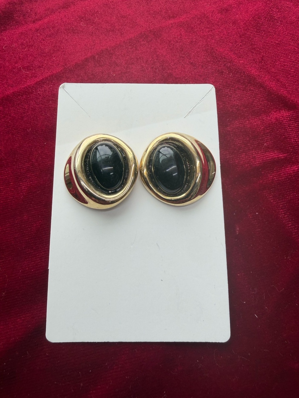 Vintage Gold tone Black Glass Oval Pierced Earrings